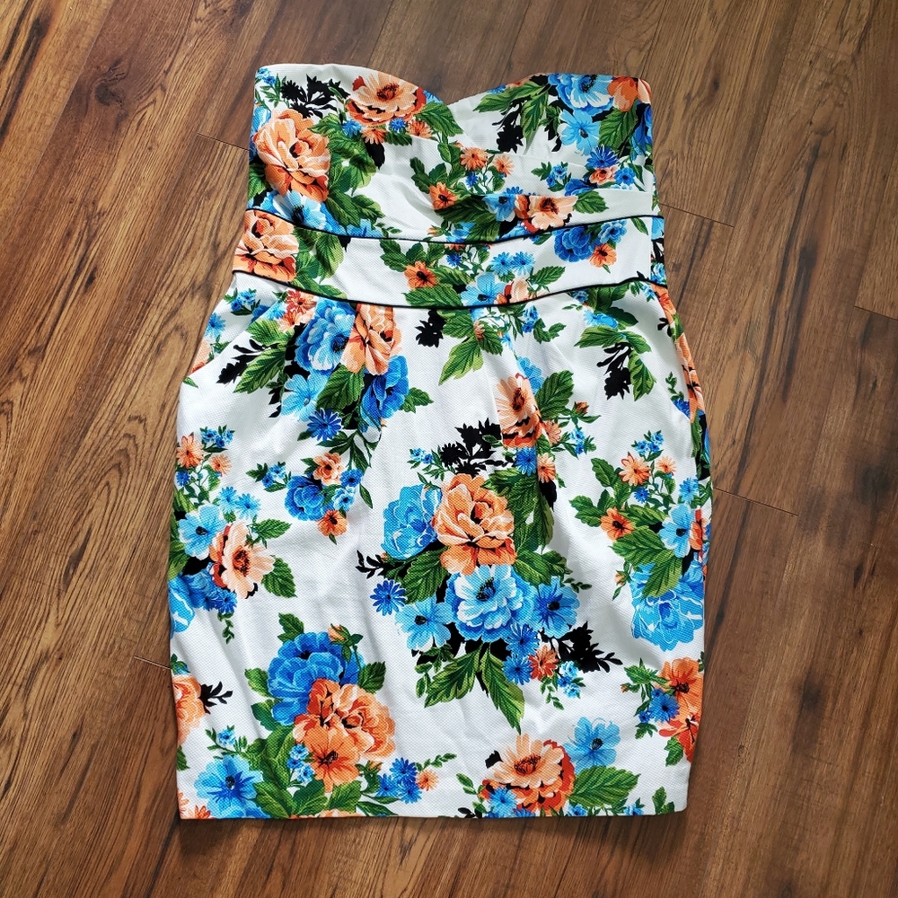 Vibrant White and Floral Strapless Summer Dress